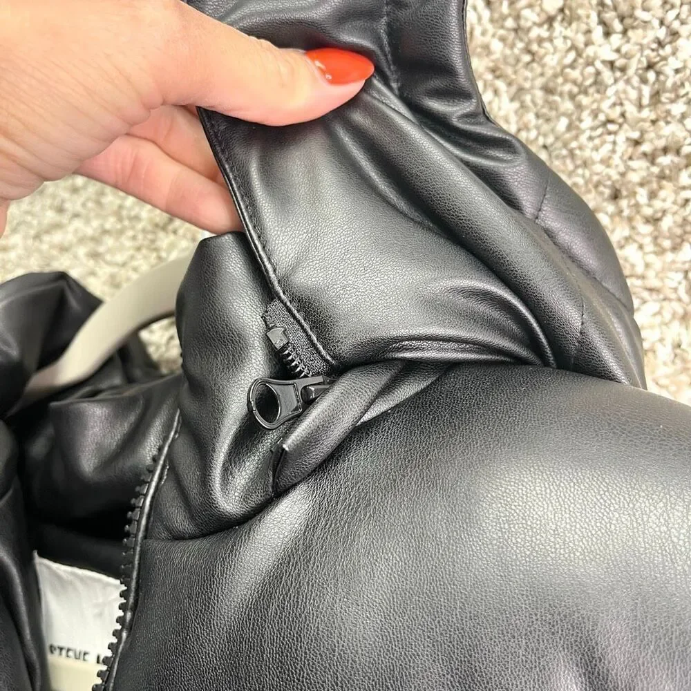 Steve Madden Coat Girls Large 14-16‎ Black Faux Leather Zip Up Puffer with Hood